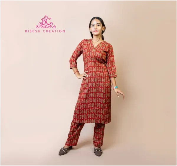 Bisesh Creation Red V-Neck Lace Dhari Floral Printed Straight Kurta Pant Co-ord Set For Women
